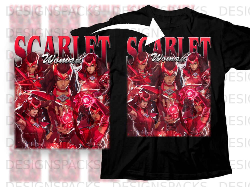 Scarlet Witch multiple iterations with red magic accents on black t-shirt.
