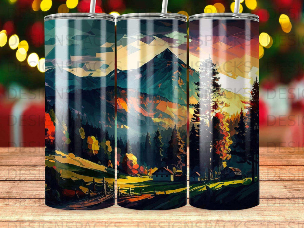 Woodland mountain landscape with cabins and trees, colorful sky.