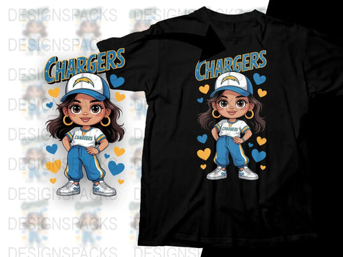 Chargers Fan T-Shirt Cute Cartoon Girl Graphic Blue and White Heart Tee