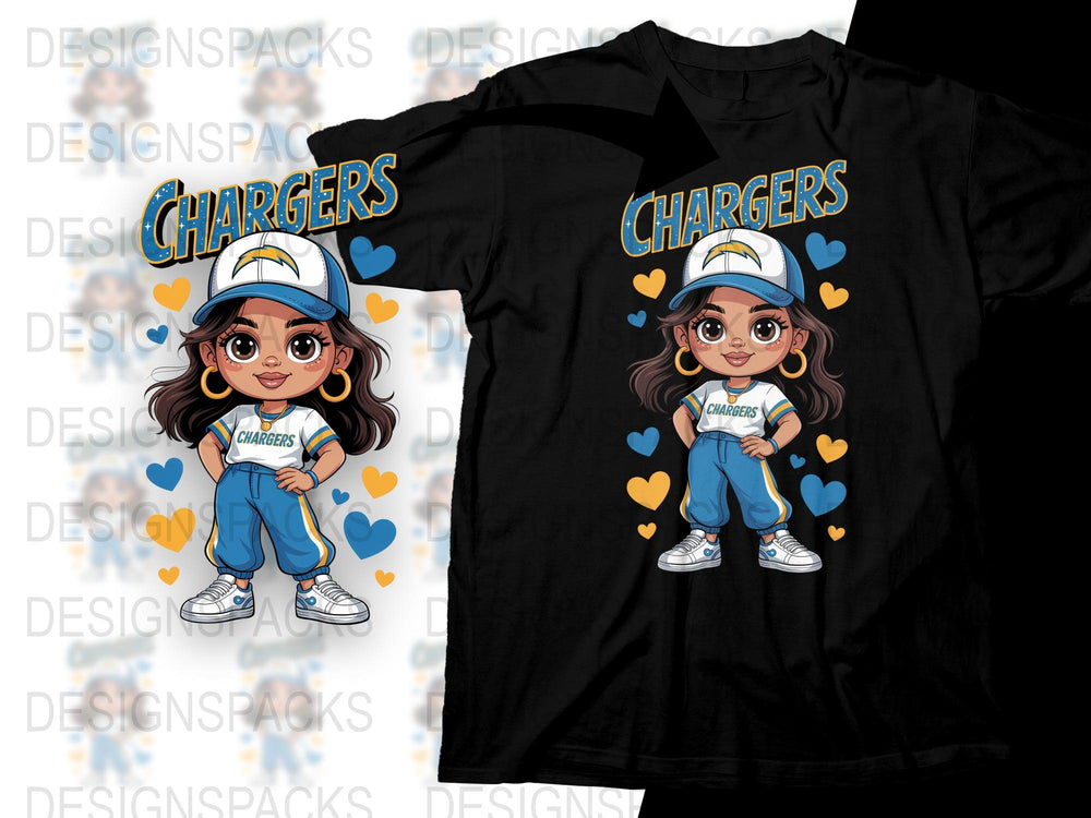 Chargers Fan T-Shirt Cute Cartoon Girl Graphic Blue and White Heart Tee