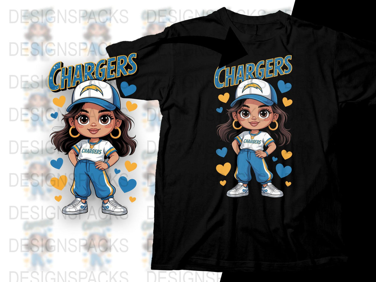 Chargers Fan T-Shirt Cute Cartoon Girl Graphic Blue and White Heart Tee