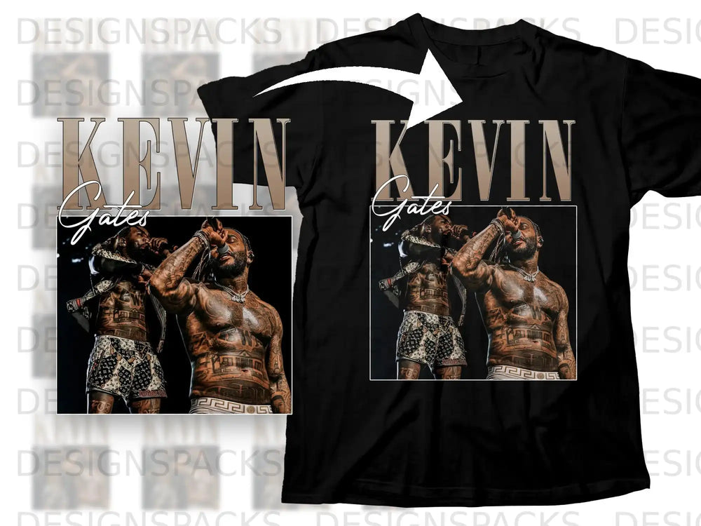 Black t-shirt with "KEVIN GATES" text and a graphic of the artist.
