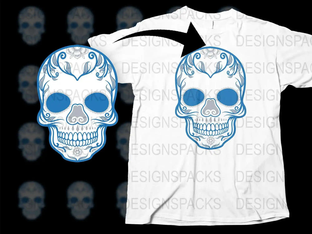 Blue and White Skull Graphic T-Shirt, Cool Goth Punk Style, Unisex Casual Wear