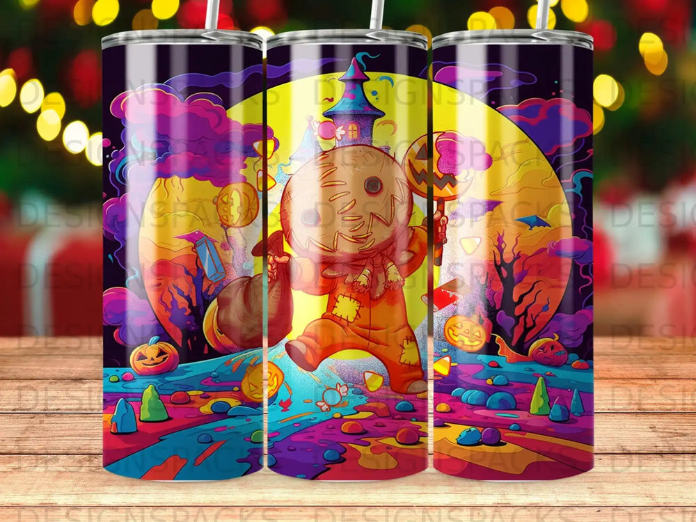 Halloween tumbler with a costumed character and jack-o'-lanterns.