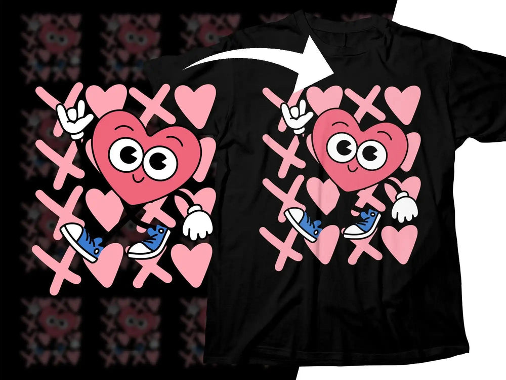 Cute pink heart character with XOXO design on black t-shirt, perfect for Valentine's Day or love-themed prints.