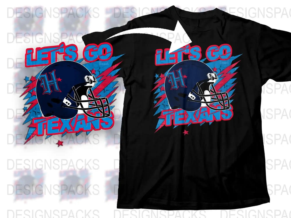 Let's Go Texans T-Shirt, Football Team Fan Gear, Sporty Black and Blue Tee, Helmet Graphic Design