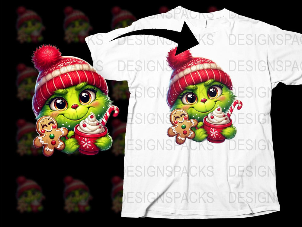 Cute Monster Christmas T-Shirt, Kids Holiday Tee, Festive Alien with Cookie and Hot Chocolate Design