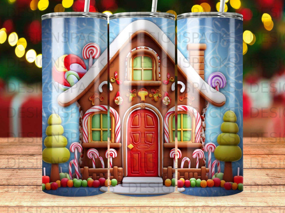 Gingerbread house with candy and festive decorations on blue background.