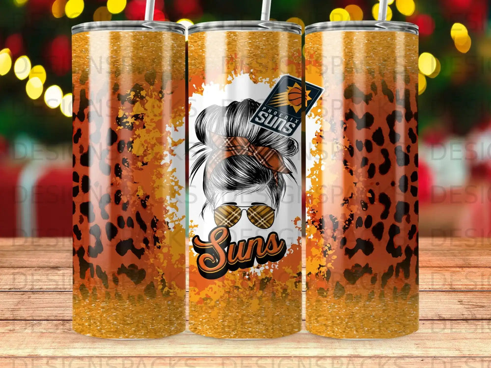 Three tumblers with a distressed orange and white Phoenix Suns logo and leopard print design.