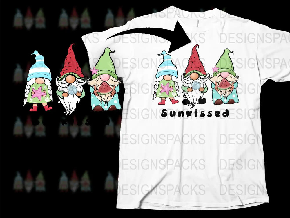 Sunkissed Gnome Graphic T-Shirt, Colorful Summer Beach Gnomes Tee, Fun Whimsical Cartoon Gnomes Design Shirt for All Ages