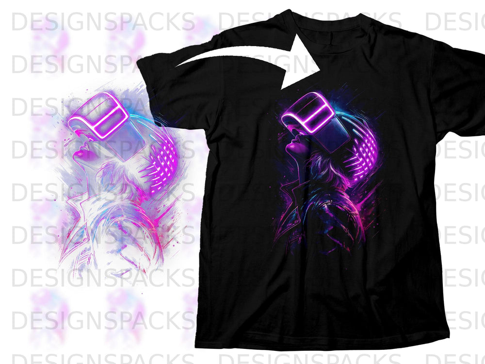 Black t-shirt with a neon cyberpunk woman wearing VR goggles graphic.