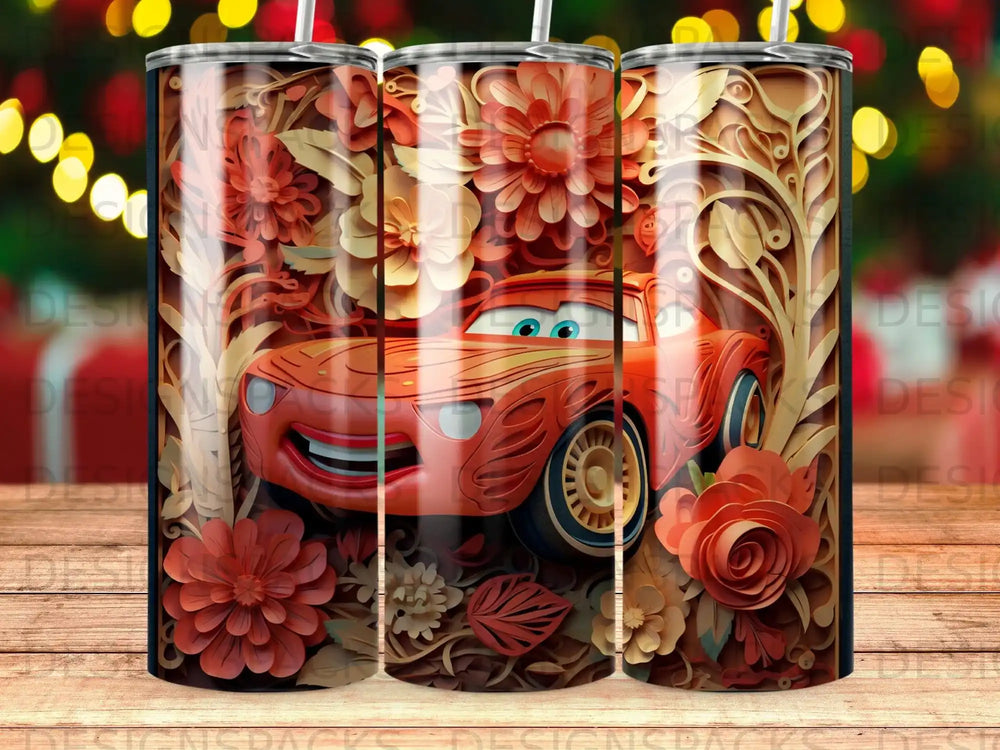 Lightning McQueen surrounded by colorful floral designs on a tumbler.