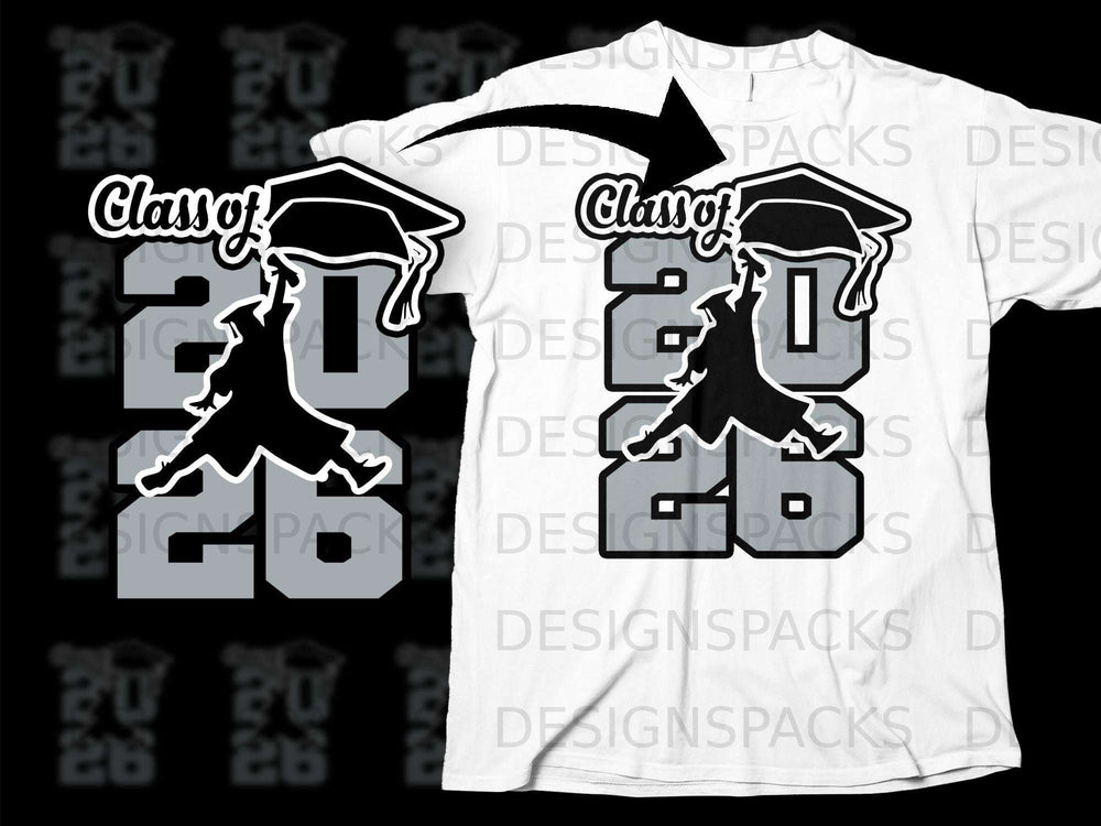 Class of 2026 graphic with graduation cap and silhouette on a white t-shirt.
