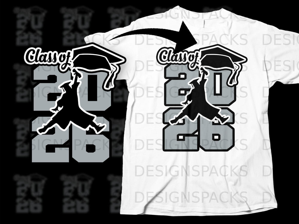 Class of 2026 graphic with graduation cap and silhouette on a white t-shirt.