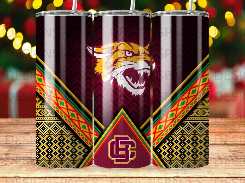 Maroon tumbler with a tiger mascot, geometric patterns, and a team logo.