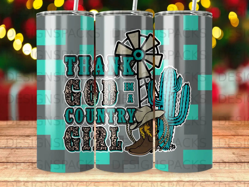 Thank God I'm a Country Girl tumbler with cowboy boot and cactus graphic.