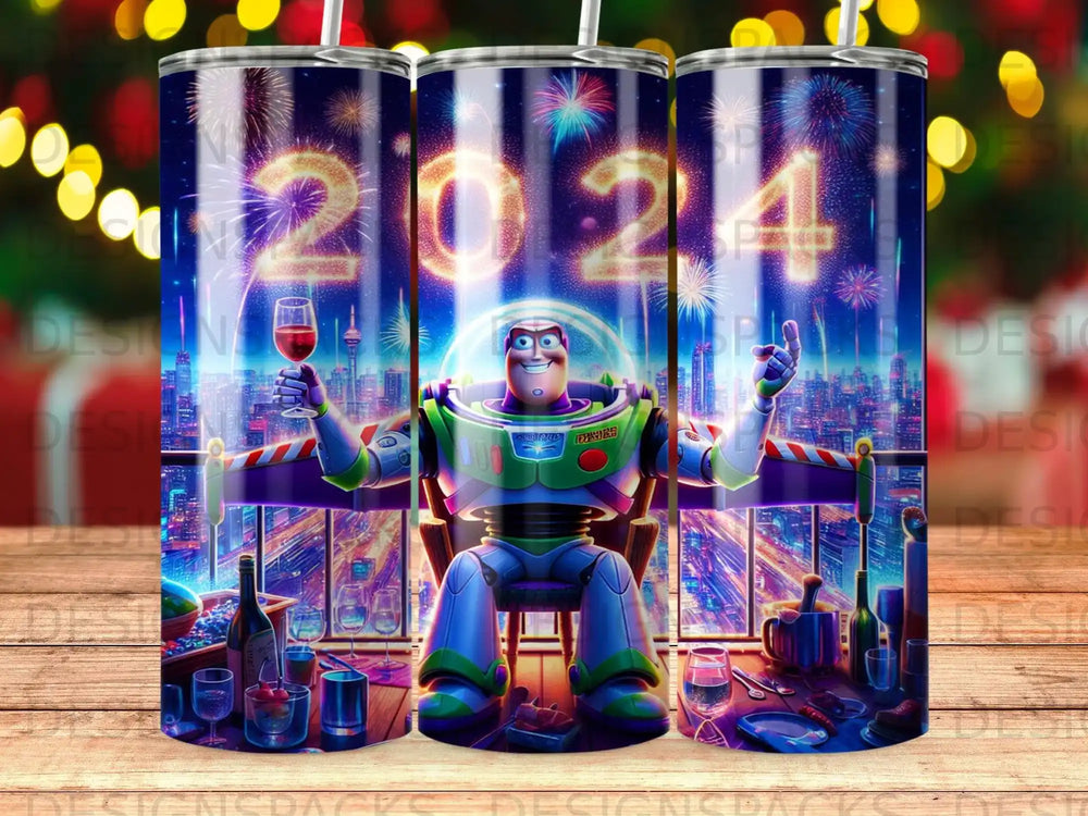 Buzz Lightyear sits with arms outstretched, celebrating with fireworks and city lights.