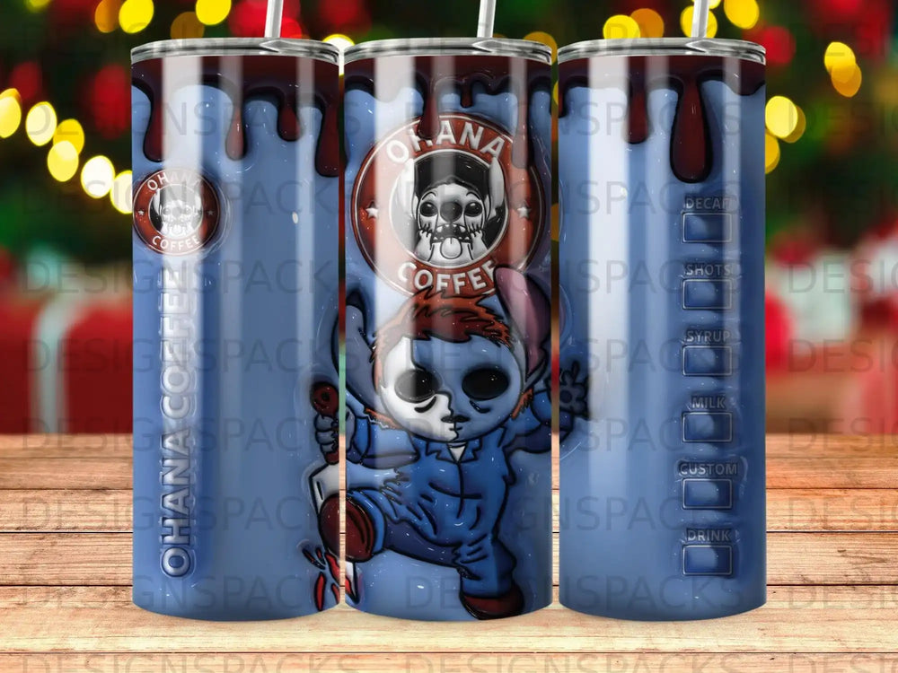 Blue character with large ears on a tumbler with "Ohana Coffee" text.