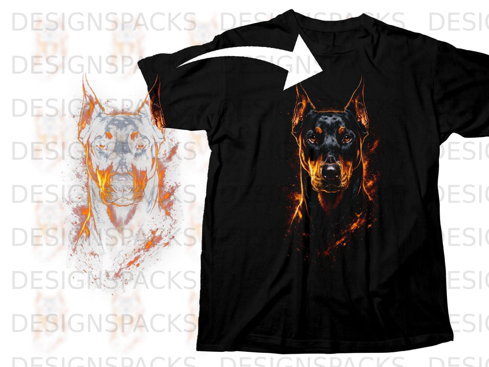 Black t-shirt with a graphic of a Doberman head with fiery accents.