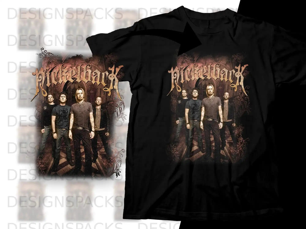 Band members stand together in front of a patterned backdrop on a black t-shirt.