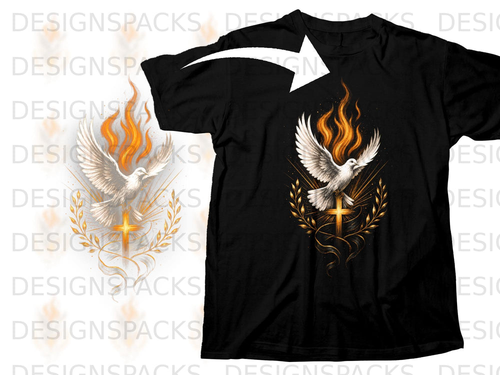 Dove with flames and cross on a black t-shirt.