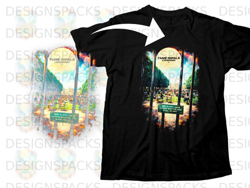 Black t-shirt with Tame Impala Lonerism album art featuring a park scene and French signage.