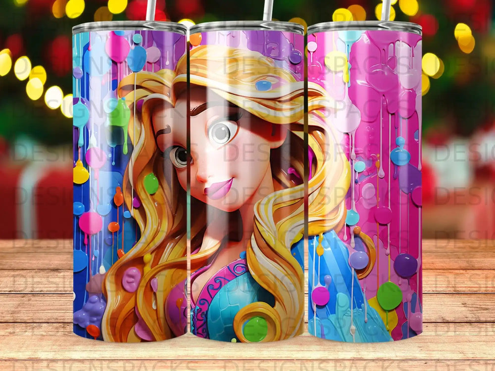 Cartoon woman with blonde hair, colorful background, and dripping paint.