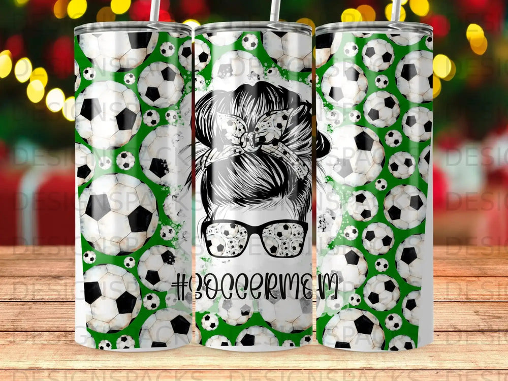 Tumbler with soccer ball pattern and "Soccer Mom" text on a messy bun hairstyle.