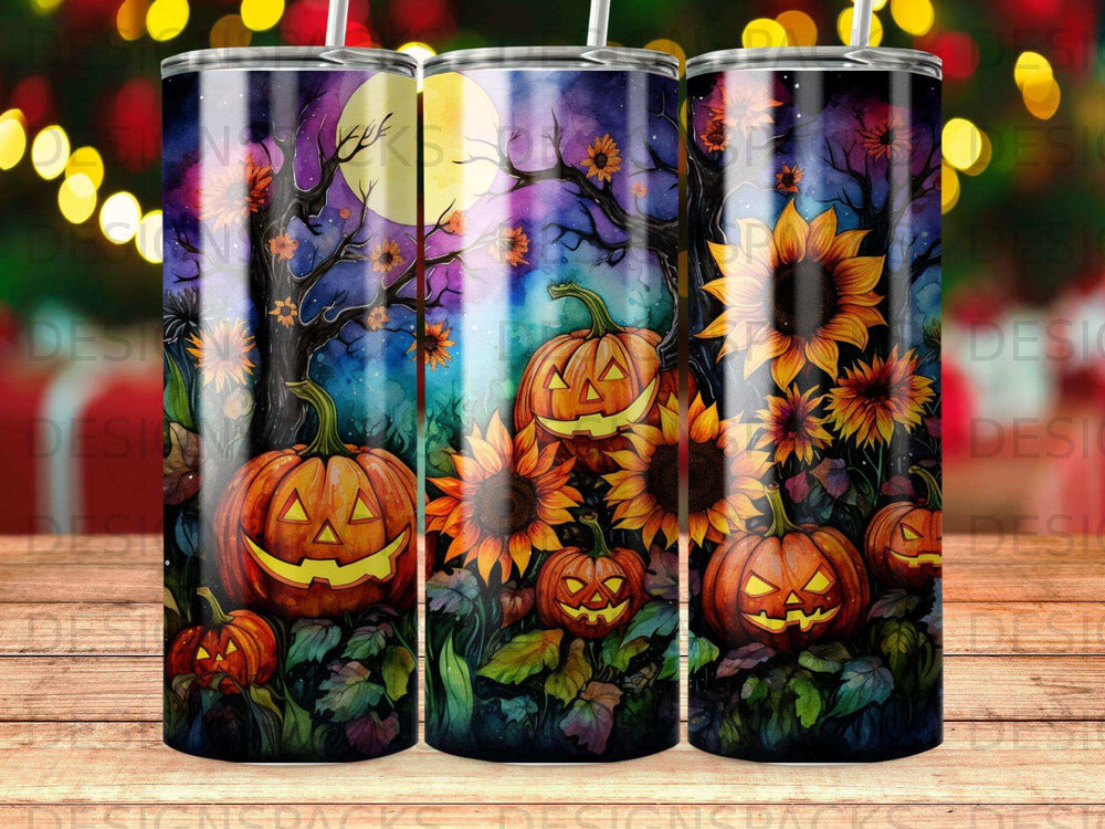 Halloween pumpkins and sunflowers against a dark, moonlit forest scene.