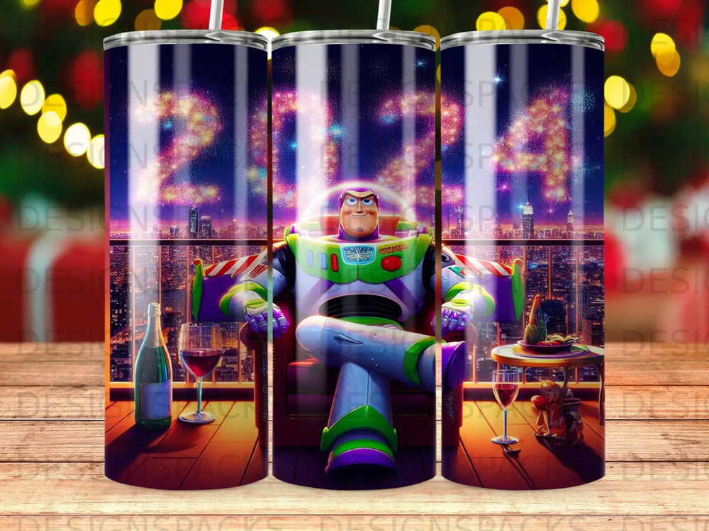 Buzz Lightyear in a chair with fireworks behind him and a city skyline.