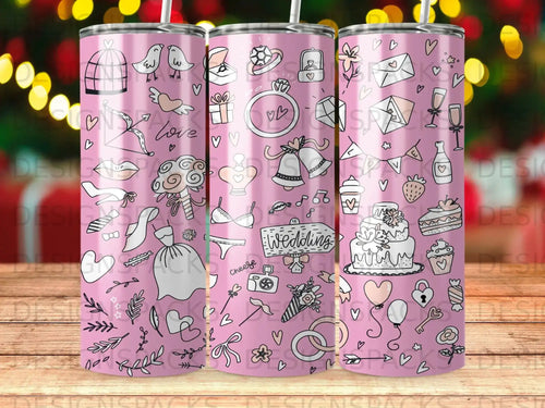 Pink tumbler with wedding doodles and the word 
