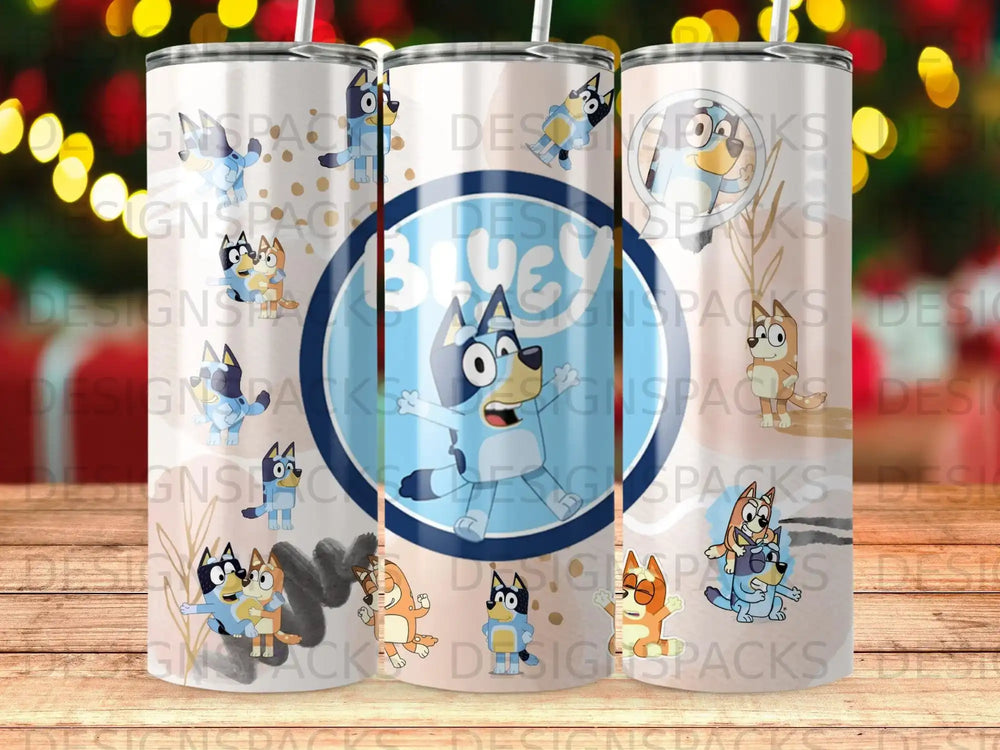 Bluey and Bingo cartoon characters on a tumbler with "Bluey" text.