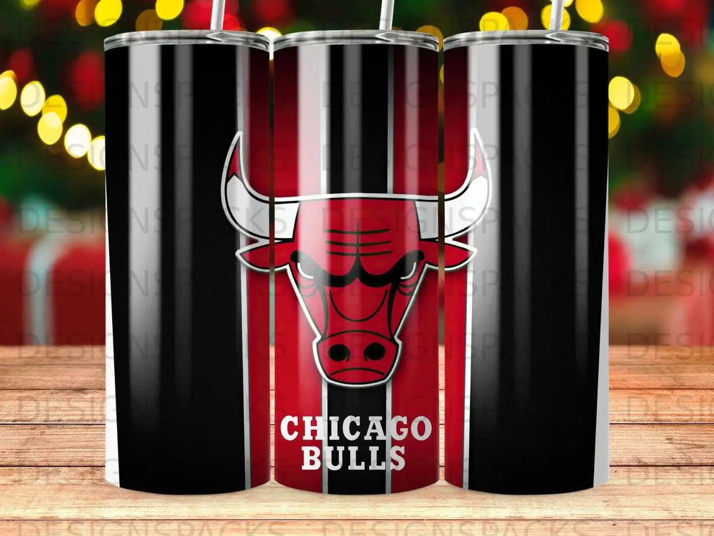 Chicago Bulls logo on a black and red striped tumbler with straws.