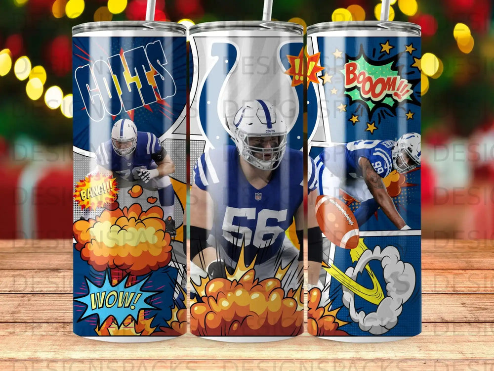 Indianapolis Colts football player in action, with comic book style "WOW!" and "BOOM!" graphics.
