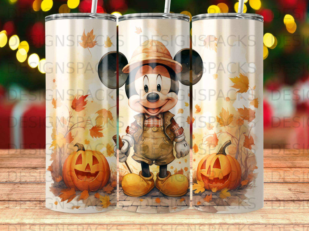 Mickey Mouse with pumpkins and fall leaves, celebrating Halloween.
