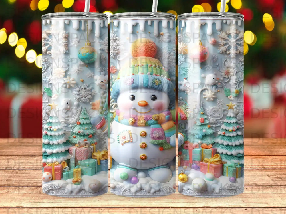 Snowman with presents and Christmas trees, on a tumbler.
