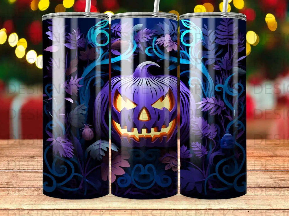 Purple Halloween pumpkin jack-o'-lantern with blue vines and glowing eyes.