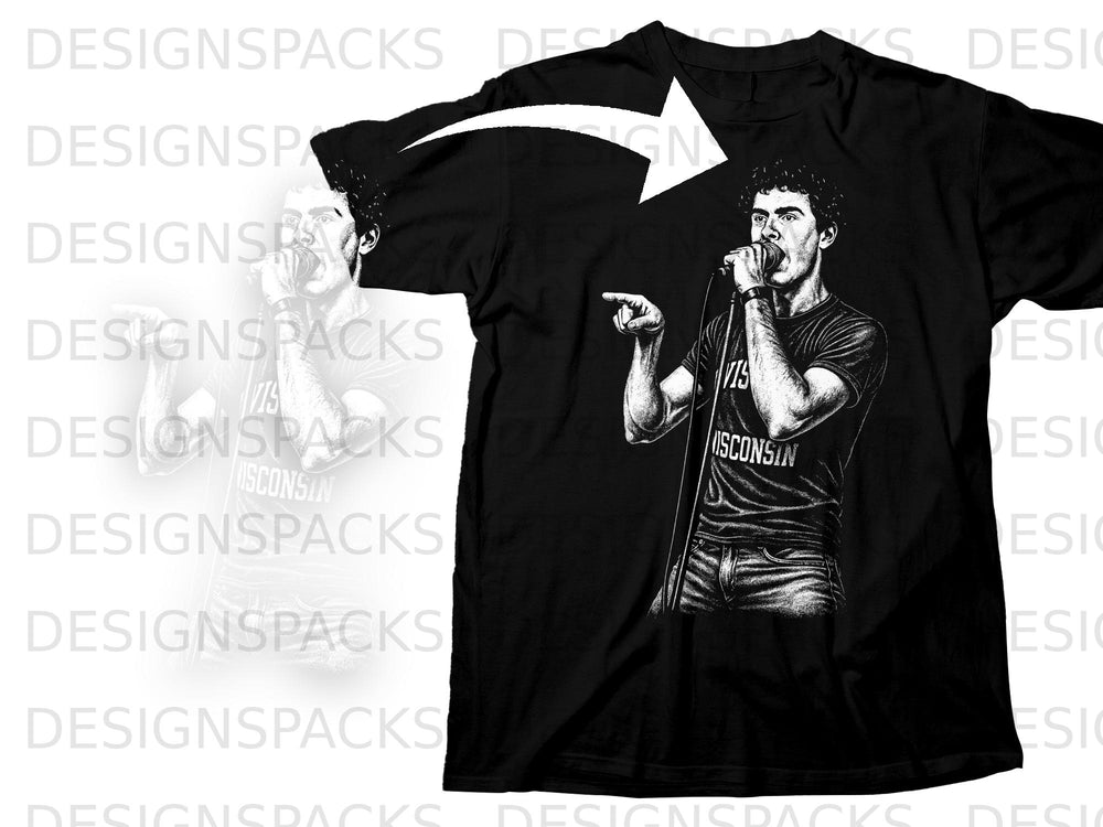 Black t-shirt with graphic of a singer holding a microphone, wearing a shirt that says "WISCONSIN".