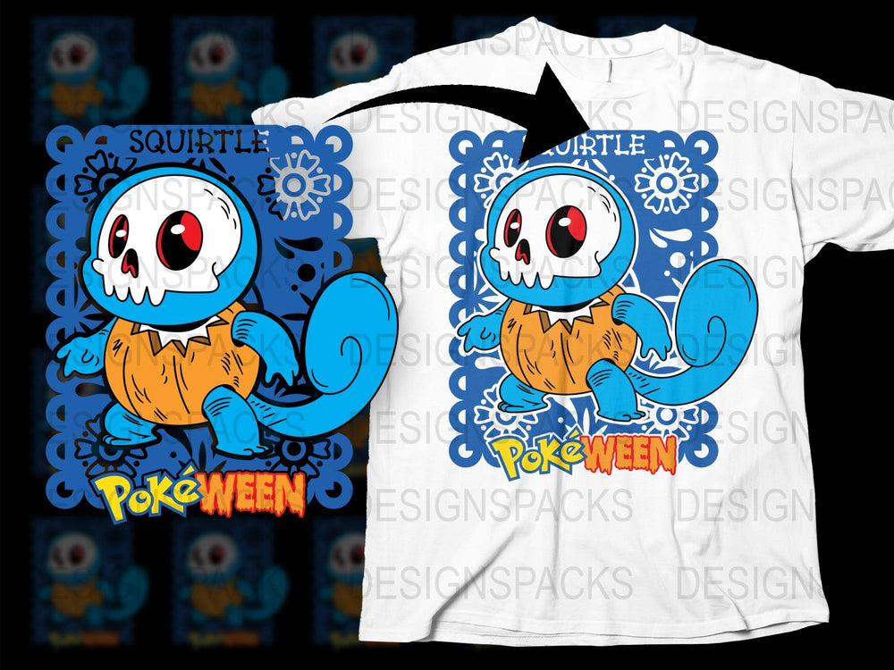 Pokemon Inspired Halloween Squirtle T-Shirt, Spooky Cartoon Character Tee, Unisex Adult and Kids Sizes Available