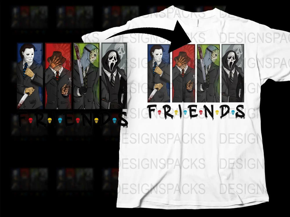 Horror Movie Icons Friends Parody T-Shirt, Funny Graphic Tee, Unique Halloween Shirt, Pop Culture Apparel