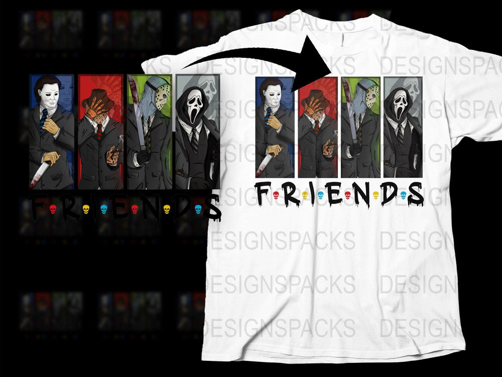 Horror Movie Icons Friends Parody T-Shirt, Funny Graphic Tee, Unique Halloween Shirt, Pop Culture Apparel