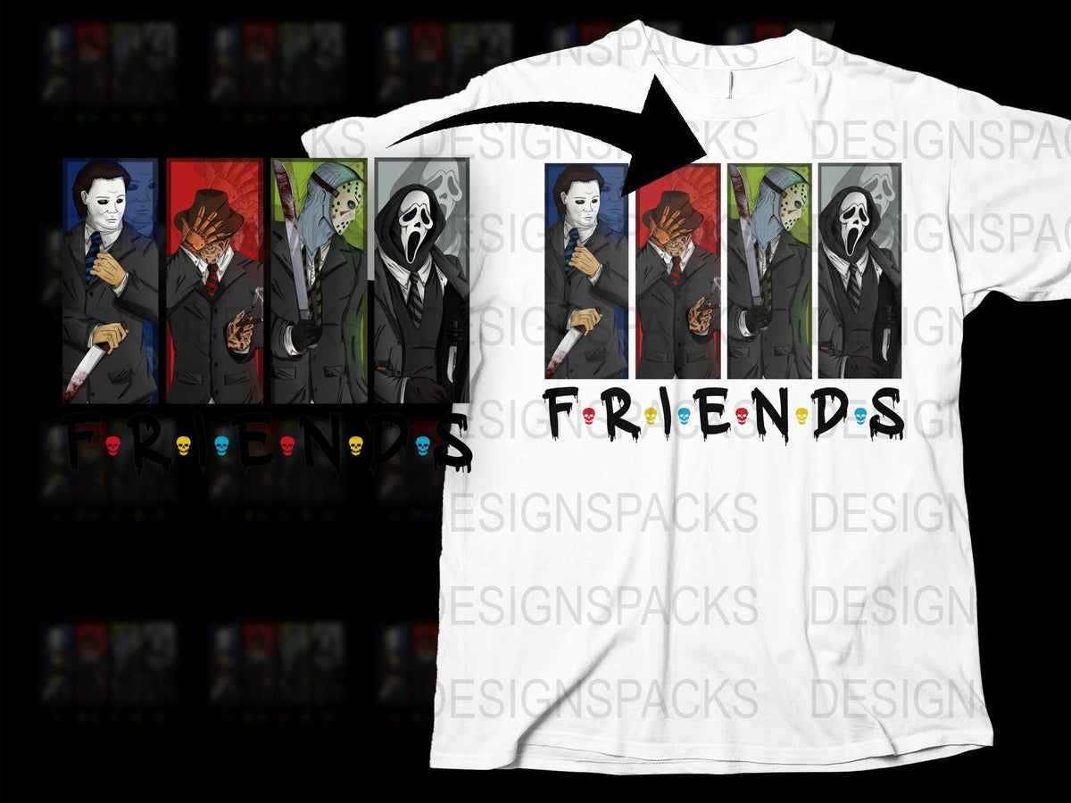 Horror Movie Icons Friends Parody T-Shirt, Funny Graphic Tee, Unique Halloween Shirt, Pop Culture Apparel