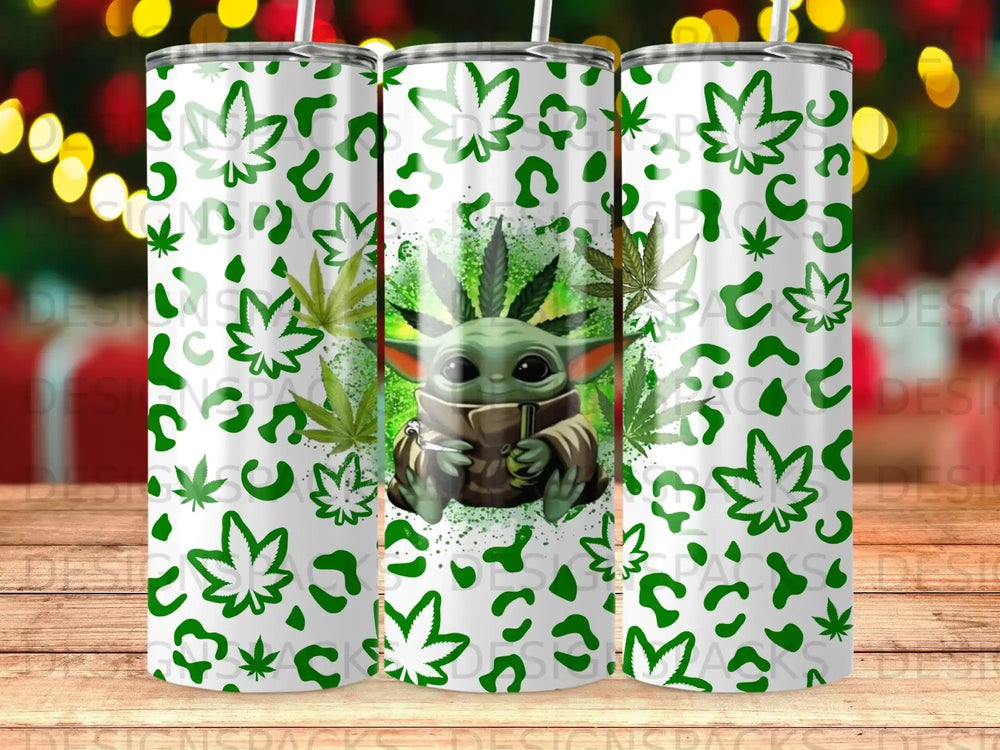 Grogu with cannabis leaves and leopard print pattern on tumbler.