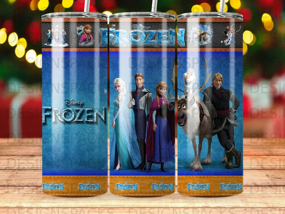 Frozen characters Elsa, Anna, and Kristoff with Sven on a tumbler design.