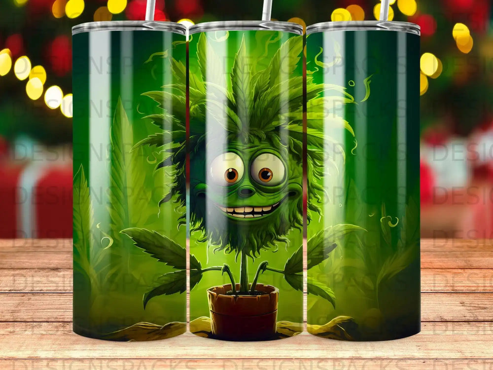 Green cartoon plant character with large eyes and a smiling mouth in a pot.