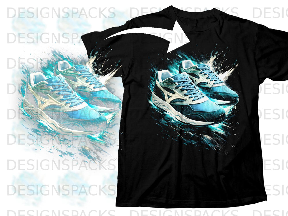 Black t-shirt with a graphic print of two blue and white running shoes with a dynamic splash effect.
