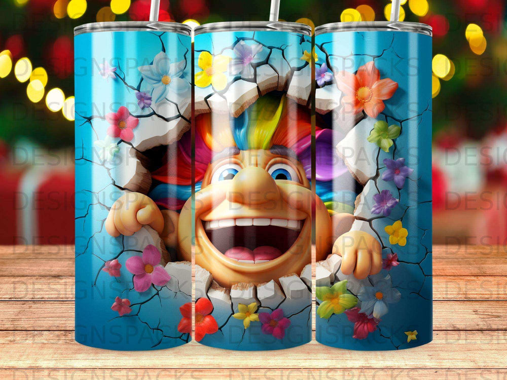 Troll character with colorful hair breaking through a cracked surface with flowers.
