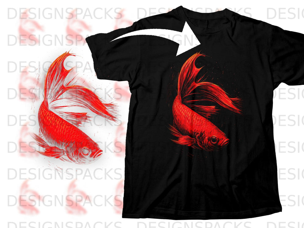 Black t-shirt with a vibrant red betta fish graphic and water splash design.