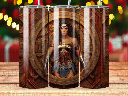 Wonder Woman portrait within a circular, ornate wooden frame.