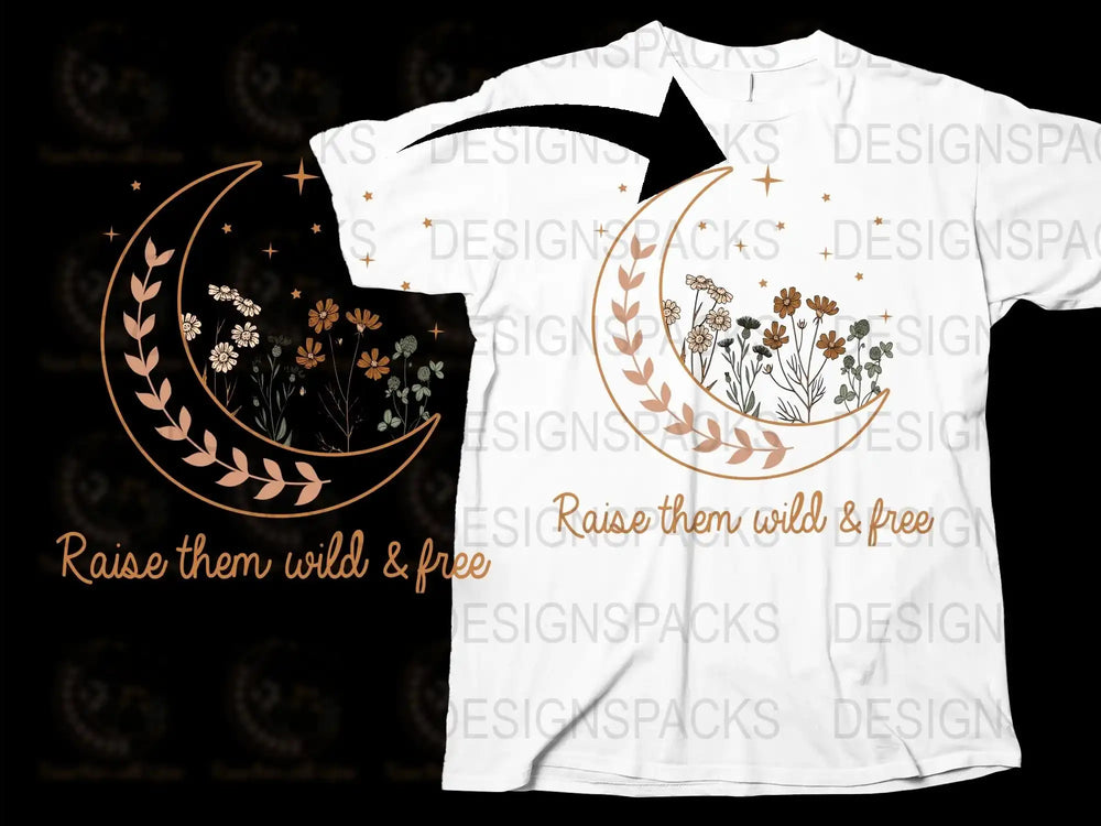 Bohemian Moon Floral T-Shirt, 'Raise Them Wild and Free' Graphic Tee, Nature Inspired Unisex Shirt, Trendy Boho Apparel